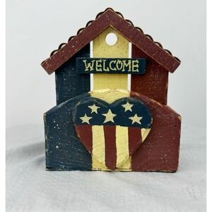 Rustic Red White Blue Patriotic American Hanging Wooden Wall Shelf Welcome 6x3"